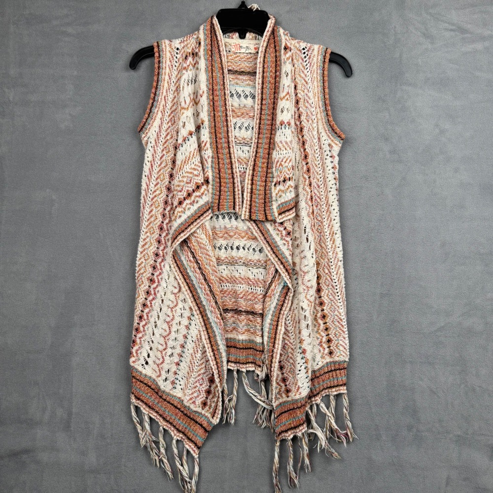 Miss Me‎ Girls Boho Open Knit Fringe Cardigan Sweater Vest Cream Orange Girls L